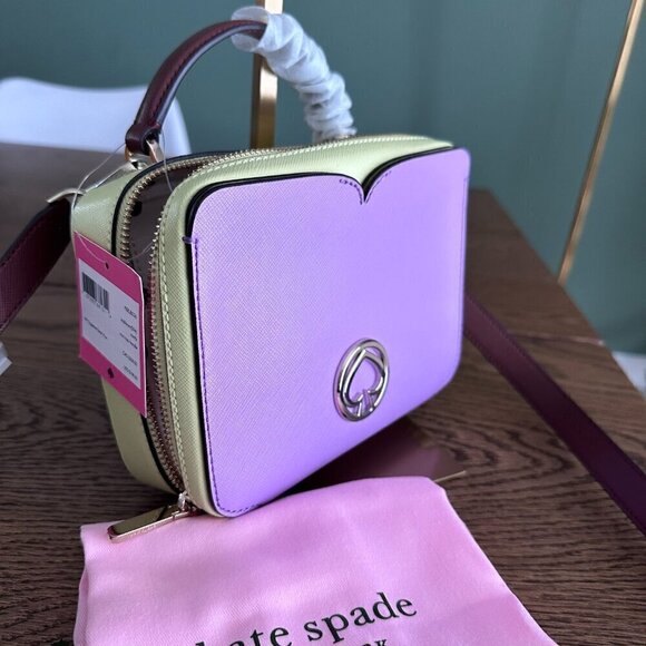 NWT!! Kate Spade Vanity Mini Top Handle Bag -Purple/Cream yellow(Irisbloom) - Picture 3 of 16